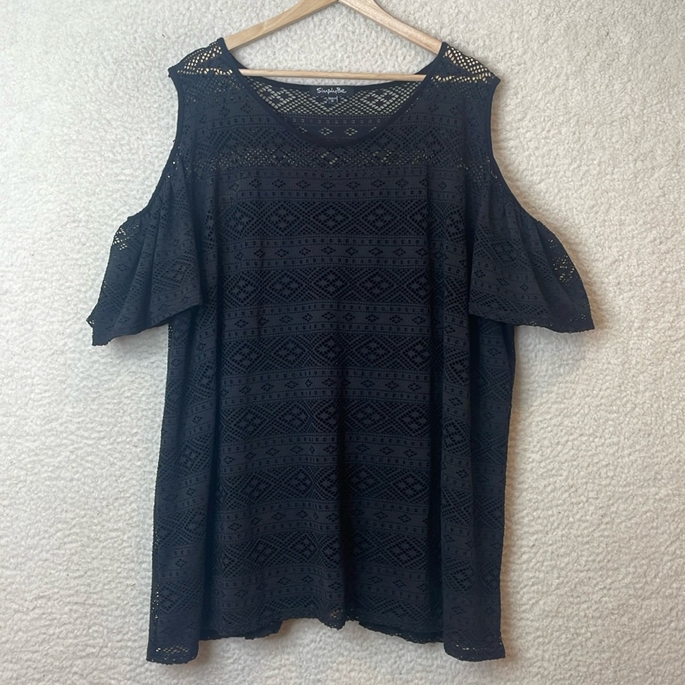 Simply Be Womens Black Stretch Open Shoulder Mesh Pattern Top SIZE 28 PLUS